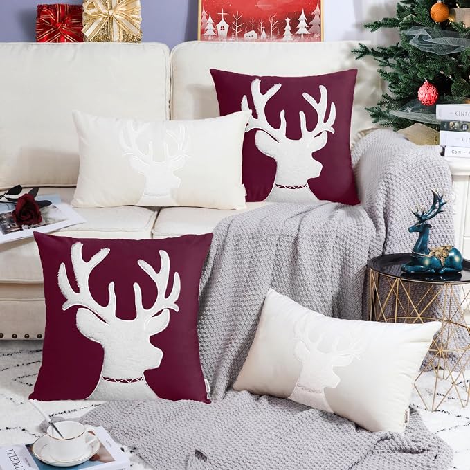 BRAWARM Christmas Pillow Cover 18 X 18 Inches, Burgundy Reindeer Embroidered Pillow Cover, Soft Velvet Decorative Throw Pillow for Couch Bed Sofa Living Room Home