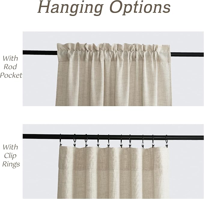 RYB HOME Natural Beige Linen Sheer Curtains 102 inches Long for Living Room | Weave Textured, Rod Pocket, Light Filtering, for Dining Room, W52 x L102, 2 Panels Set