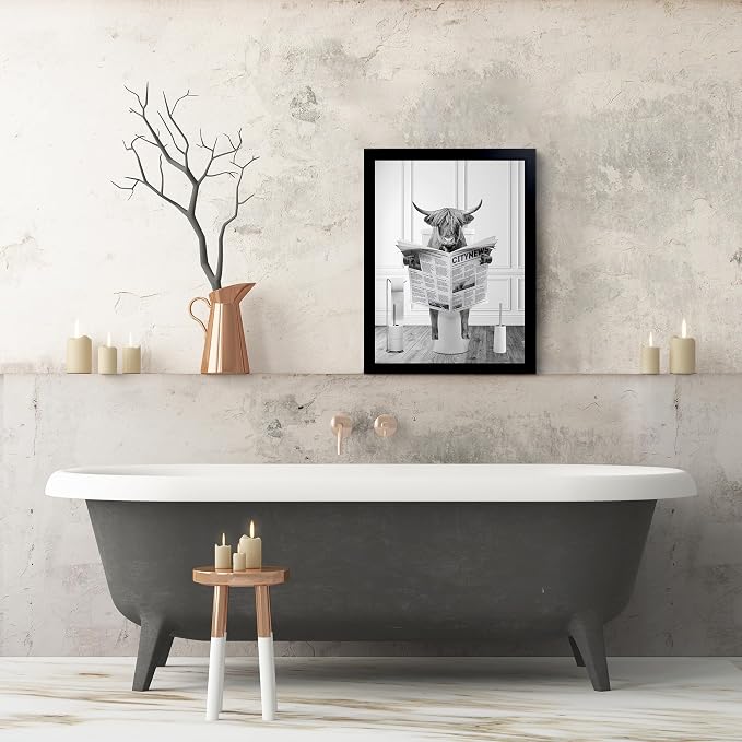 Black Framed Bathroom Decor - Funny Highland Cow Wall Art in Bathtub, Black and White Canvas Cow In Bathroom Picture, Humor Animals Bathroom Artwork Prints, Wall Decor Ready To Hang for Living Room,