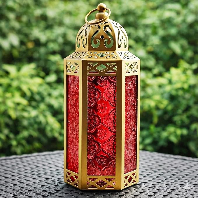 Vela Lanterns Decorative Indoor Moroccan Candle Holder, Gold Red, M | Ramadan Decorations for Home, Red Candle Lantern, Eid Table Centerpiece, Hanging Tealight Votive Pillar Holder, 10.5in