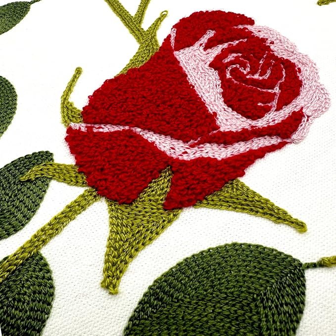 Alysheer Set of 2 Floral Embroidered Decorative Throw Pillow Cover 18" x 18" inches, Farmhouse Cottage Embroidery Red Rose Pattern Cotton Cushion Case for Sofa Couch Bed Living Room Outdoor Decor
