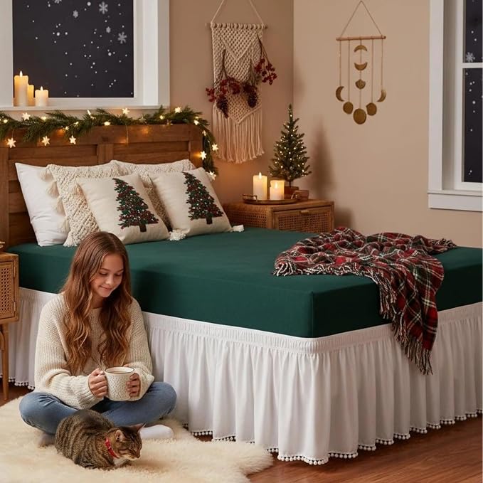 Wrap Around Bed Skirt King Size 15" Drop-Elastic Dust Ruffle White Pompom | Adjustable Pleated Bedskirt-Easy Fit Wrinkle Resistant Washable Hotel Quality Fabric Bed Skirting-Master Guest Bedroom Rental