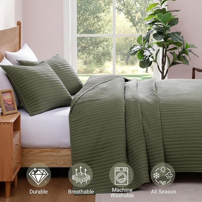 King Size Quilt-Lightweight Bedspreads Olive Green King Quilt Bedding Set | Soft Coverlet with 2 Pillow Shams for All Seasons, Suitable for Bed, Couch, 3 Pieces, 106"x94"