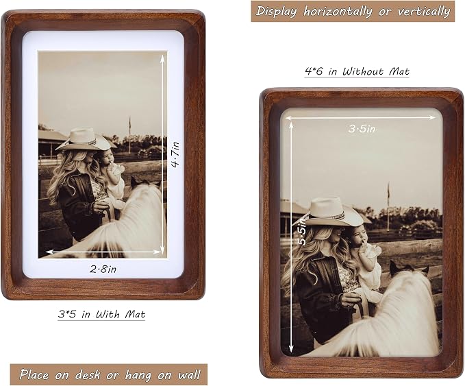 4x6 Picture Frame with Mat for 3x5, USA-Sourced Natural Walnut Wood Handcrafted Rounded Corner with Real Glass, Vertical or Horizontal Display Photo Gallery Wall & Tabletop Frame