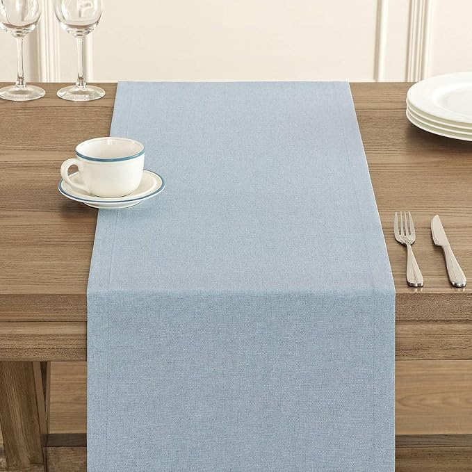 ZeeMart Basic Linen Style Table Runner, 14x108 Inch Chambray Blue | Mitered Corner Design, Medium Weight Fabric, Rustic Farmhouse Style, Machine Washable Easy Care Everyday Table Scarf
