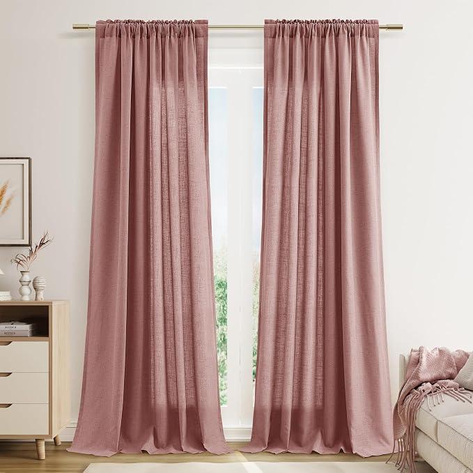 Canyon Rose Linen Curtains 96 Inches Long 2 Panel Set Rod Pocket Semi Sheer Girls Bedroom Living Room Airy Soft Fabric Window Treatments 52x96