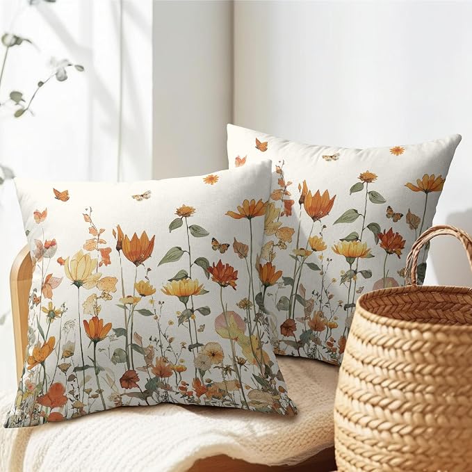 Kawani Fall Floral Pillow Covers 16x16 Inch Autumn Harvest Vintage Wildflower Outdoor Decorative Throw Pillows Set of 2 Thanksgiving Holiday Pillowcases for Couch Home Decor
