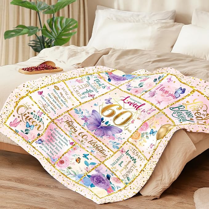60th Birthday Gifts for Her -60 Year Old Gifts for Women Mom -60th Milestone Birthdays Blanket - 60th Birthday Blanket for Women - Warm Soft Plush Flannel Throw Blankets (60"x50")