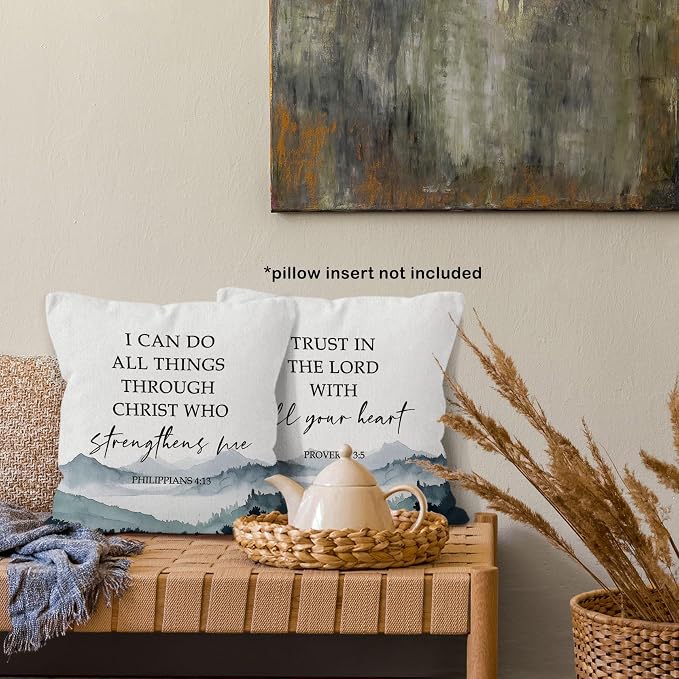 Boho Christian Bible Inspirational Throw Pillow Covers 18x18 Set of 2, Mountain Woodland Decor Pillow Cases Gifts for Bedroom Living Room, Philippians Proverbs Pillowcases for Couch Bed Sofa