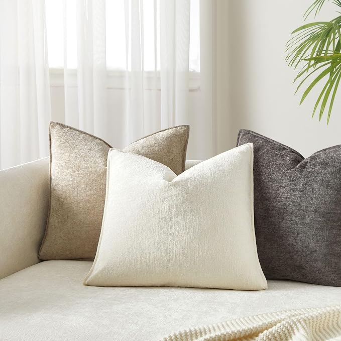 JUSPURBET 24x24 Chenille Decorative Throw Pillow Covers Set of 2,Cream | Cozy Soft Cushion Covers Case with Hidden Zipper for Couch Sofa Bed Home Decor Living Room