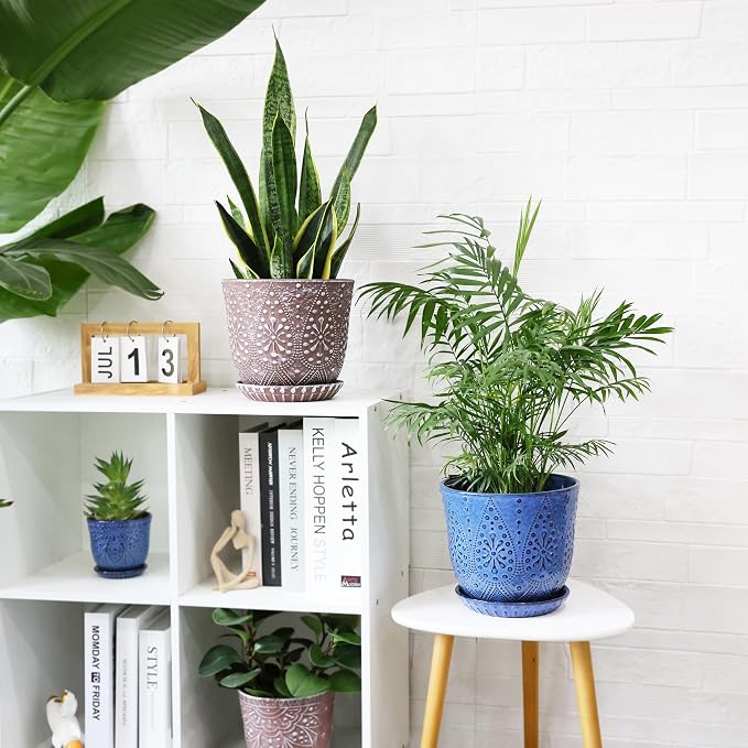 Gepege 8 Inch Ceramic Plant Pot with Drainage & Saucer | Large ceramic plant pot with drainage hole, ceramic saucer and mesh pad, ideal for indoor plants, flowers and houseplants