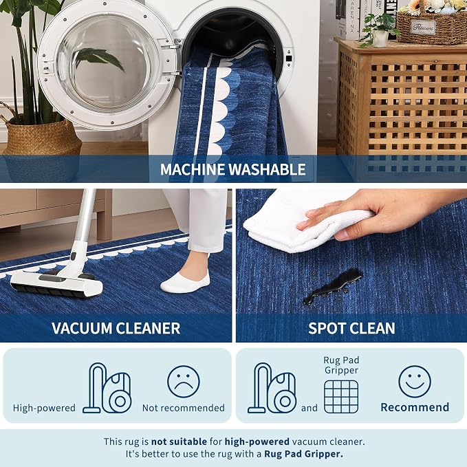 COZYLOOM 5x7 Living Room Rugs Washable Bedroom Rug Non Slip Stain Resistant Modern Bordered Rug Non Shedding Low Pile Carpet Foldable Thin Neutral Mats for Dining Room, Office, Blue