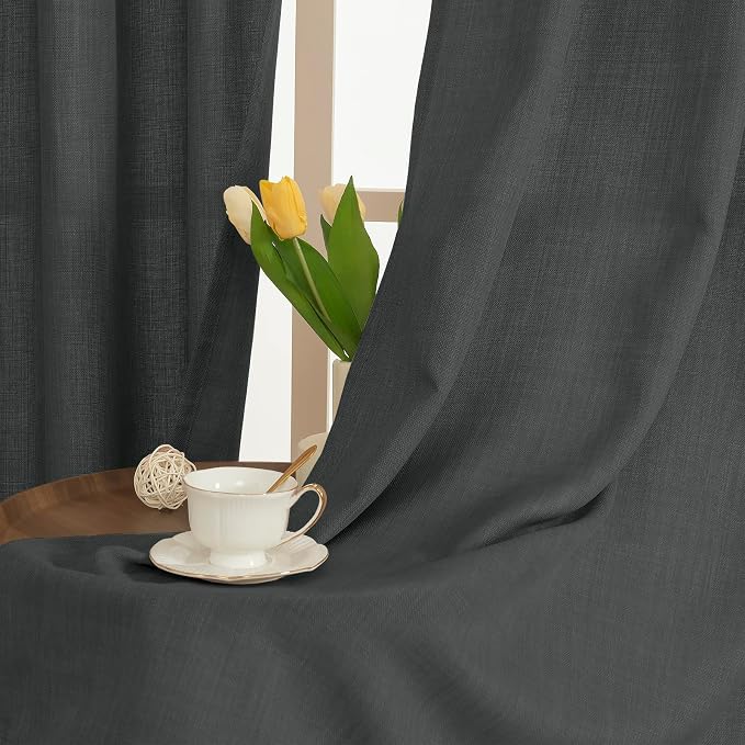 Light Filtering Linen Curtains 45 inch Length for Bedroom, Dark Grey | Thick Linen Textured, Privacy Drapes, Semi Sheer, Farmhouse Living Room Curtains, Grommet, 52 x 45 Inch, 2 Panels