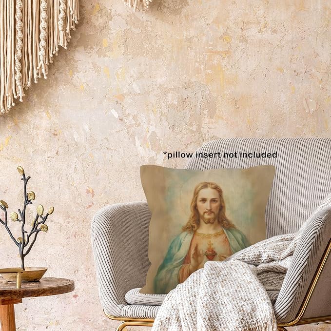 Christian Sacred Heart of Jesus Throw Pillow Covers Gifts 18x18, Vintage Religious Decor Pillow Cases for Bedroom Living Room, Jesus Decorative Square Pillowcases for Couch Bed Sofa