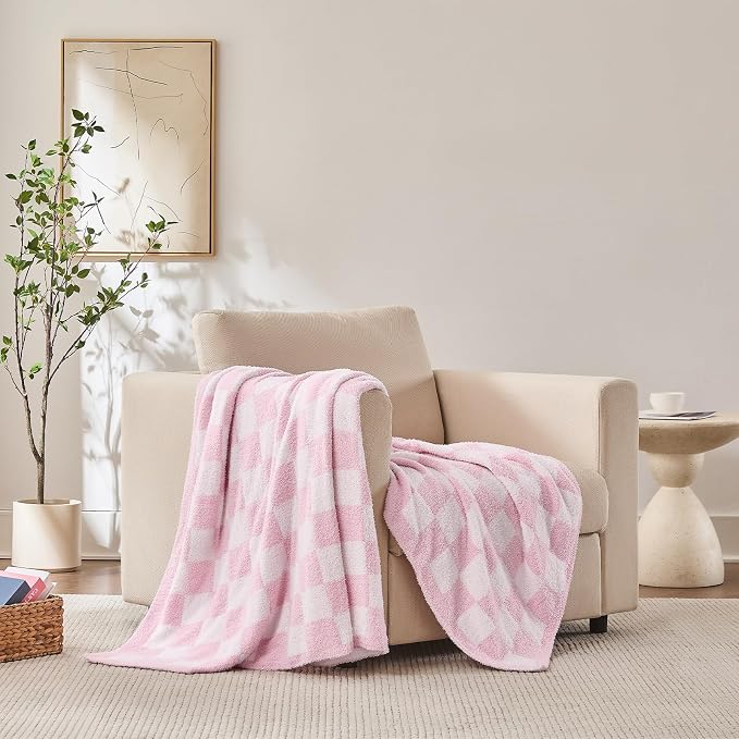Checkered Throw Blanket for Couch, Soft Cozy Warm Knitted Blankets | Lightweight Fuzzy Travel Warm Decor for Women, Mom, Girls, Sofa, Chair, 60x80in, Pink