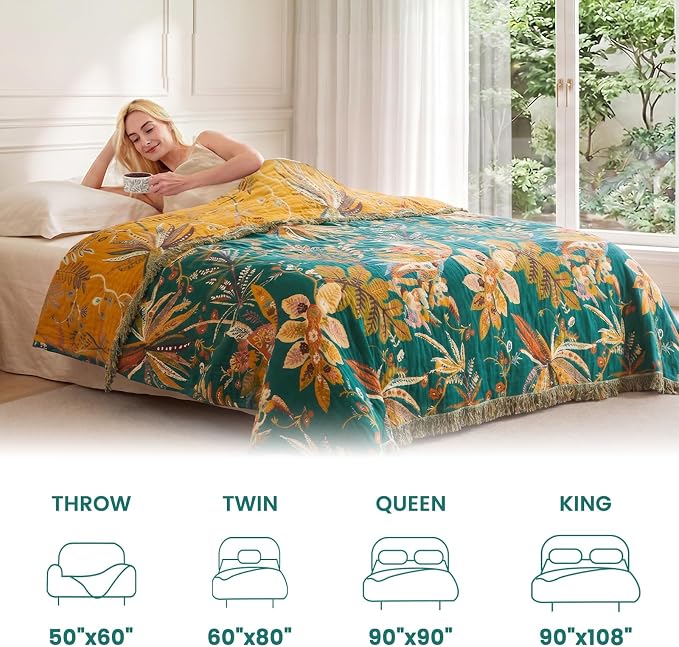 MSGKV Boho Throw Blanket 60"x80" 100% Cotton Floral Muslin Blanket for Sofa | 100% Cotton Muslin, Twin Size Throw Blanket, Floral Home Accent, Soft & Breathable, Lightweight Comfort, Machine Washable