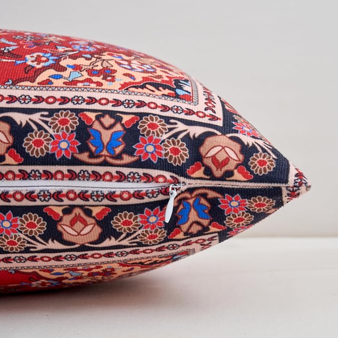 Boho Rectangular Throw Pillow Covers 12x20 Inch, Vintage Red Oriental Floral Decorative Lumbar Cushion Cases, Bohemian Ethnic Design Pillowcases for Sofa Couch Living room Bed Home Decor, Set of 2