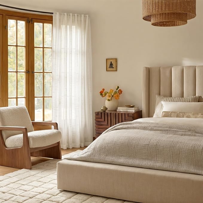 NICETOWN Linen Burlap Sheer Curtains 72 inches Long, Rod Pocket & Back Tab Semi Sheer Privacy Drapes Light Filtering Window Treatments Breathable for Bedroom, W52 x L72, 2 Panels