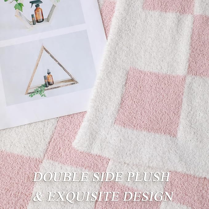 bearberry Soft Plush Throw Blanket for Couch, Cozy Warm & Lightweight | Knitted Fluffy Checkered Comfort Home Decor Gift for Women Mom Her, Sofa Chair Bed, 50x60in, Pink