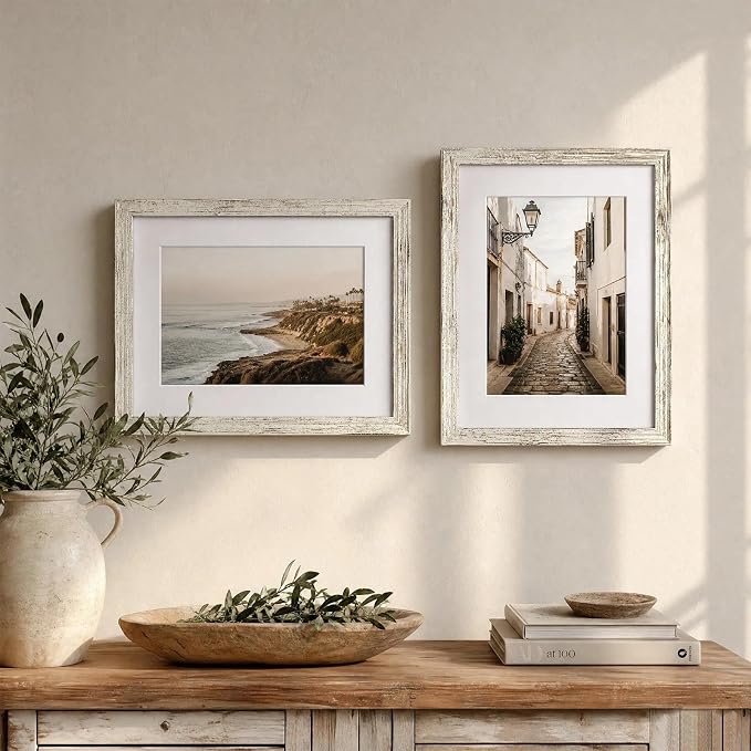 12x16 Picture Frame-Vintage White,8x12 Mat,Tempered Glass,Engineered Wood
