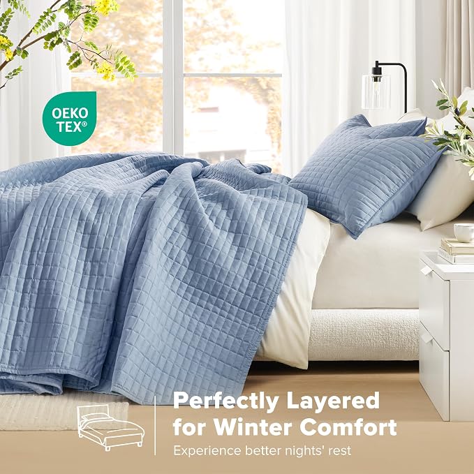 Comfort Spaces Oversized Bedspread Queen Quilt Set 3 Piece 102x 118 Blue | Coverlet for Summer Soft Cozy Lightweight All Season Quilted Extra Layer with Matching Sham, Bedroom Decor OEKO-TEX Certified