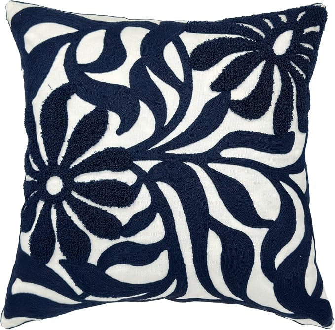 Alysheer Floral Embroidered Throw Pillow Cover 18"x18" 1pc, Navy Blue
