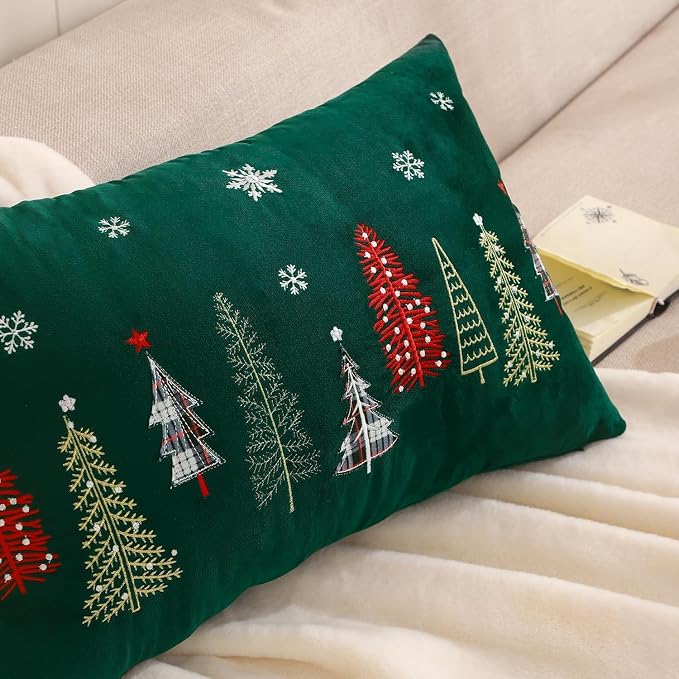 Christmas Embroidery Throw Pillow Covers 16 x 26 inch Set of 2 Christmas Dec Velvet Pillowcases Forest Green Xmas Tree Cushion Pillow Cases Soft Lumbar Holiday Pillowcase