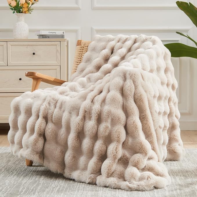 NEWCOSPLAY Faux Fur Thick Bubble Throw Blanket for Couch, Linen, 50"x60" | Luxury Fluffy Thick Warm Bubble Blanket for Couch Sofa Bed 1000GSM, Soft Plush Cozy Decorative Throw, Gift for Women Men