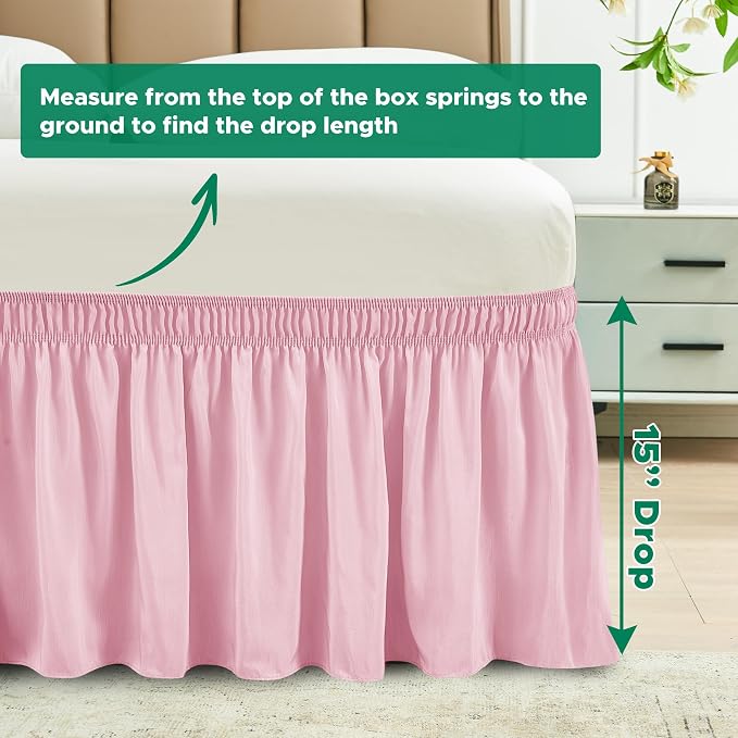 Wrap Around Queen Size Bed Skirt 15 Inch Drop-Elastic Dust Ruffle Pink | Adjustable Pleated Bedskirt-Easy Fit Wrinkle Resistant Washable Hotel Quality Fabric Bed Skirting-Master Guest Bedroom Rental