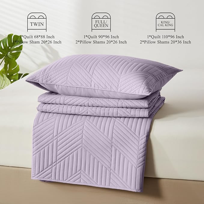 Davulos Twin Quilt Set,Lavender Lightweight Reversible Bedspread for All Seasons,Soft Modern Microfiber Geometric Coverlet for Dorm Room or Guest Bedroom(1 Quilt,1 Pillow Sham)