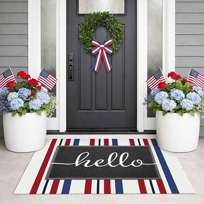 KILOCOCO 250th Anniversary Patriotic Striped Doormat 2.3'x3.6', Red Blue | Washable Front Door Mat, Cotton Welcome Mat for Independence Day, Woven Outdoor Rug for Memorial Day, Entryway Rug