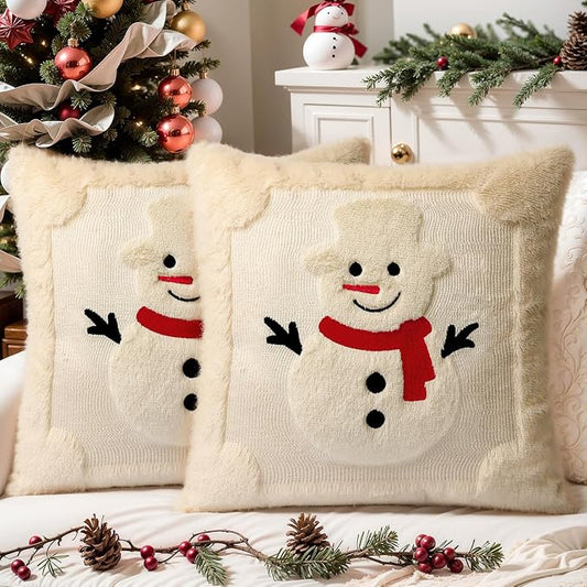 Christmas Pillow Covers Set of 2 Soft Plush Faux Fur Pillow Cases 3D Embroidered Decorative Couch Cover Home Decor Christmas Throw Pillow Covers 18x18,Beige Snowman