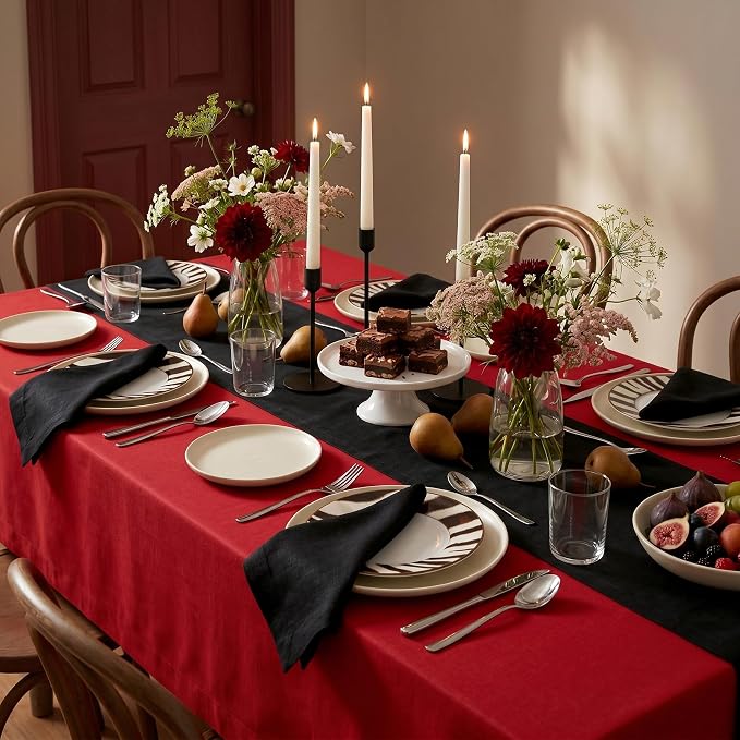 Solino Home 100% Pure Linen Table Runner Black Extra Long, Fete 14 x 144 in | styles dining tables for meals and celebrations, European flax fibres, handloomed texture, soft, fine, OEKO-TEX Certified