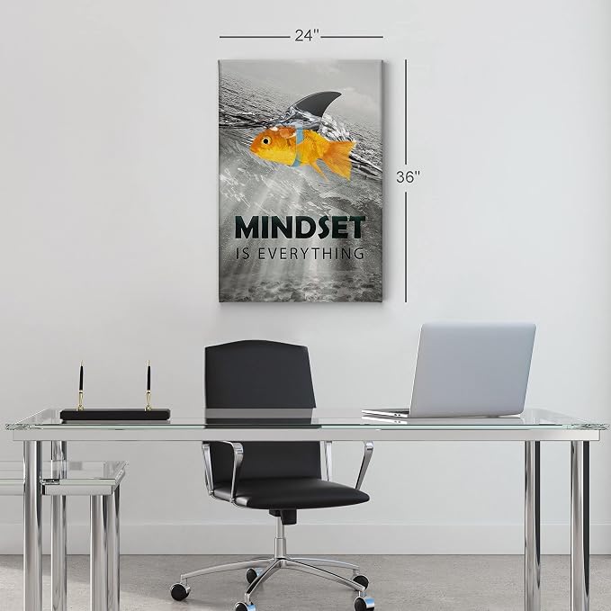 Smile Art Design Black and White Mindset is Everyting Orange Fish vs Shark Motivational Wall Art Canvas Print Inspirational Entrepreneur Quote Office Living Room Decor Gift Ready to Hang 12x8
