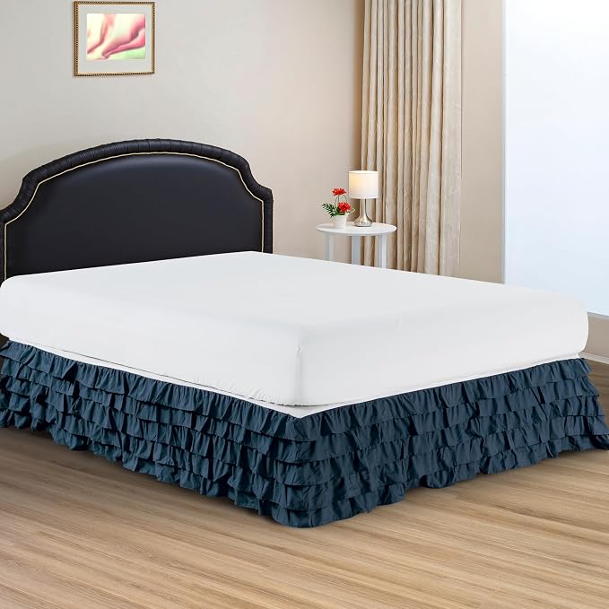 Elegant Comfort Luxurious Premium Quality 1500 Thread Count Wrinkle and Fade Resistant Egyptian Quality Microfiber Multi-Ruffle Bed Skirt - 15inch Drop, Full, Navy Blue