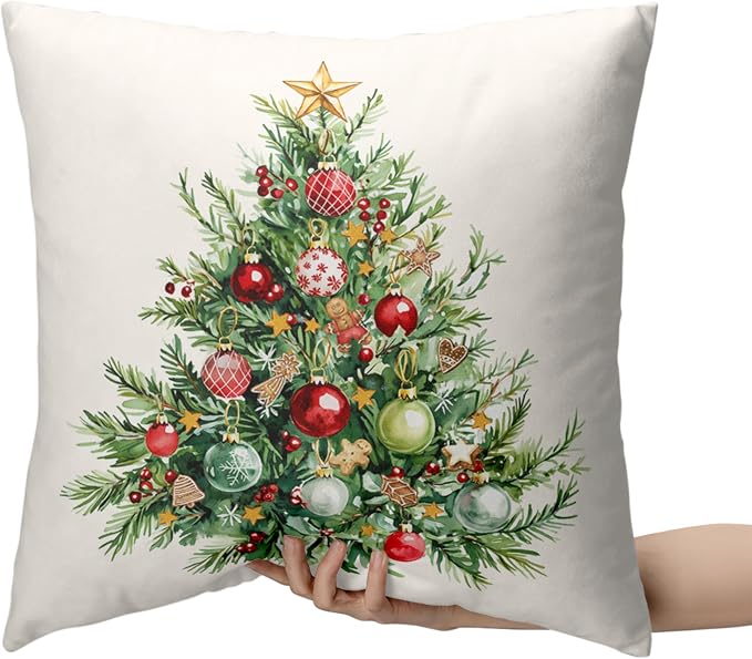 Set of 2 Christmas Tree Pillow Covers Xmas Wreath Throw Pillow Covers Red and Green Decorative Pillow Case 24x24 Winter Holiday Cushion Case for Home Decor Couch Sofa