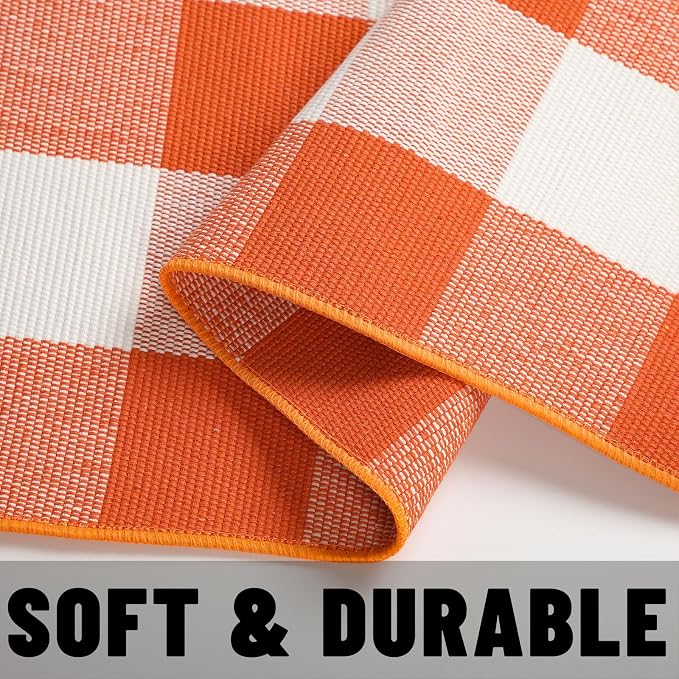 Buffalo Plaid Outdoor Rug 3x5 Ft Orange and White Checkered Area Rug Halloween Washable Doormats Fall Indoor Outdoor Rugs for Layered Front Door Mats, Porch, Entryway, Kitchen, Farmhouse