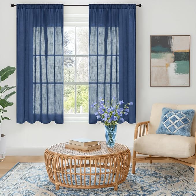 BGment Navy Blue Linen Curtains 48 Inch Length for Windows, Semi Sheer Drapes Light Filtering for Short Bedroom Living Room Bathroom Decor Lightweight with Rod Pocket, 2 Panels Set, Each 42 Inch Wide