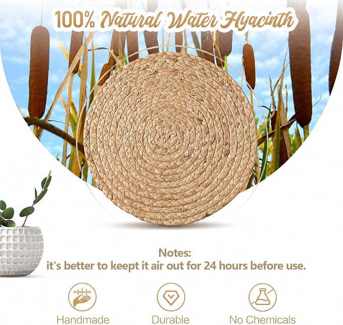 Aofmee 13.8 inch Round Woven Placemats Set of 6, Boho Rattan Place Mats, Natural Water Hyacinth Table Placemats, Farmhouse Weave Table Mats, Rustic Braided Wicker Charger Plates for Dining Table Decor