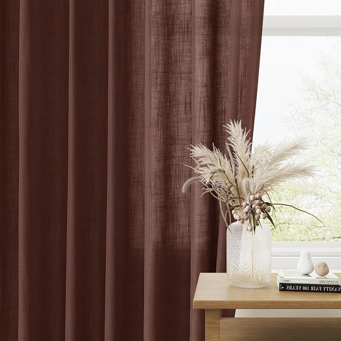 Rustic Brown Linen Curtains 108 Inches Long 2 Panel Set Rod Pocket Semi Sheer Dining Room Cozy Bedroom Decor Cotton Look Country Rustic Farmhouse Boho Curtains 52x108
