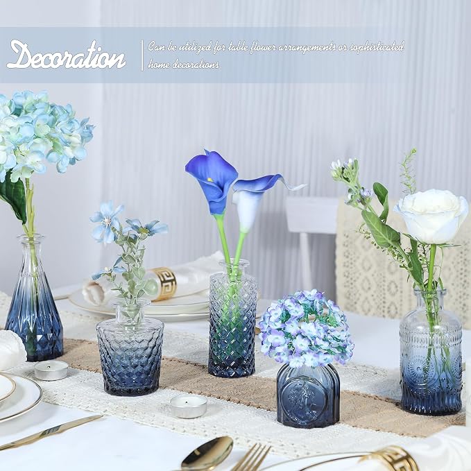 TBWIND Blue Glass Bud Vase Set of 5, Small | Flower Vases for Centerpieces in Bulk, Mini Vintage Vase, For Wedding Decor, Single Flowers and Home Table Décor