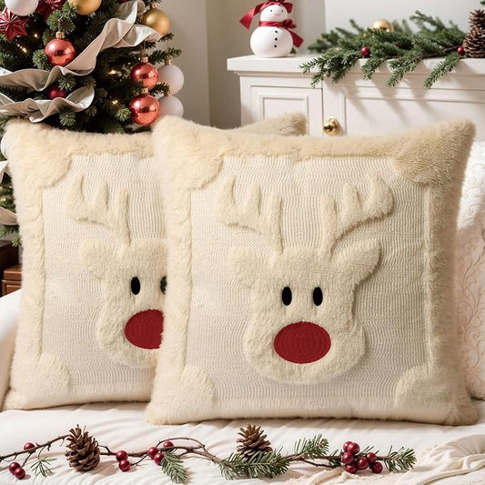 Christmas Pillow Covers Set of 2 Soft Plush Faux Fur Pillow Cases 3D Embroidered Decorative Couch Cover Home Decor Christmas Throw Pillow Covers 16x16,Beige Reindeer