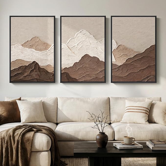 Framed Brown Abstract Mountain Wall Art for Living Room, 3 Piece, 24x36 In | Neutral, Landscape, Minimalist, Scenic, Modern, Mountain print, Earth tone, Bedroom decor, Home office, Hallway, Wood frame