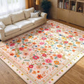 Washable Floral Area Rug for Living Room 8x10 Pink Beige | Non-Slip，Vacuum-Friendly, Low Pile, Flower Carpet for Bedroom Kitchen Entryway Dining Room Office Nursery