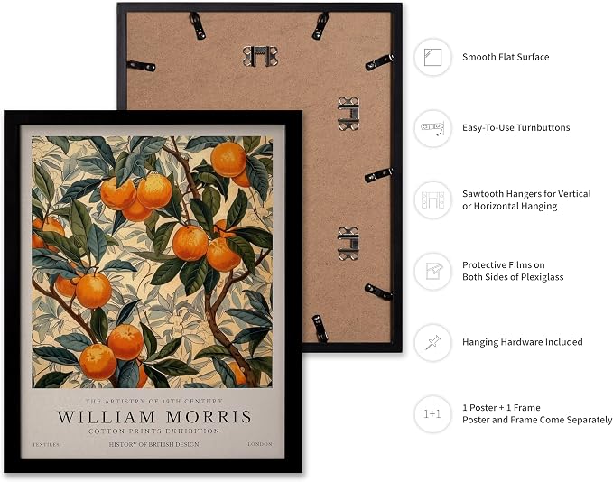 Monem Art William Morris Poster - Orange Tree Print - Orange Fruit Decor - Botanical Design - Exhibition Art - Floral Motif - Farmhouse Theme - Living Room Decor - 11x14 Black Framed
