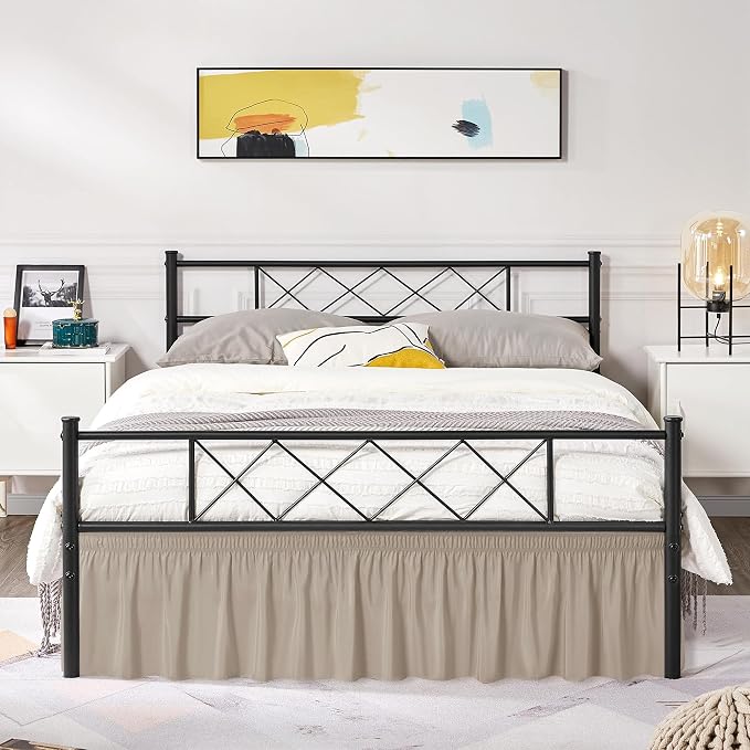 Wrap Around King Size Bed Skirt Split Corner 15" Drop-Elastic Dust Ruffle | Light Camel Adjustable Pleated Bedskirt-Easy Fit Wrinkle Resistant Washable Bed Skirting-Master Guest Bedroom Couples Hotels