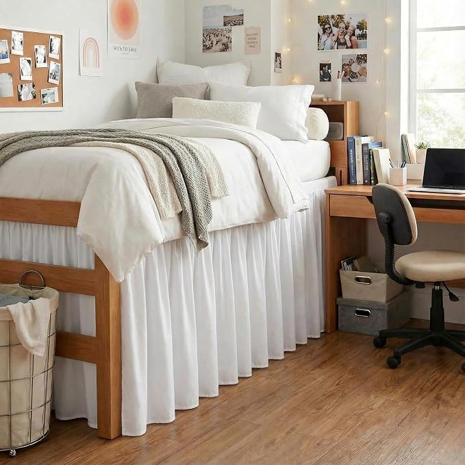 MIYE Dorm Bed Skirt, Extra Long Dust Ruffle with Elastic Adjustable Belts, Easy to Put On, Machine Washable (Classic/White, Twin/TwinXL-36 Drop)