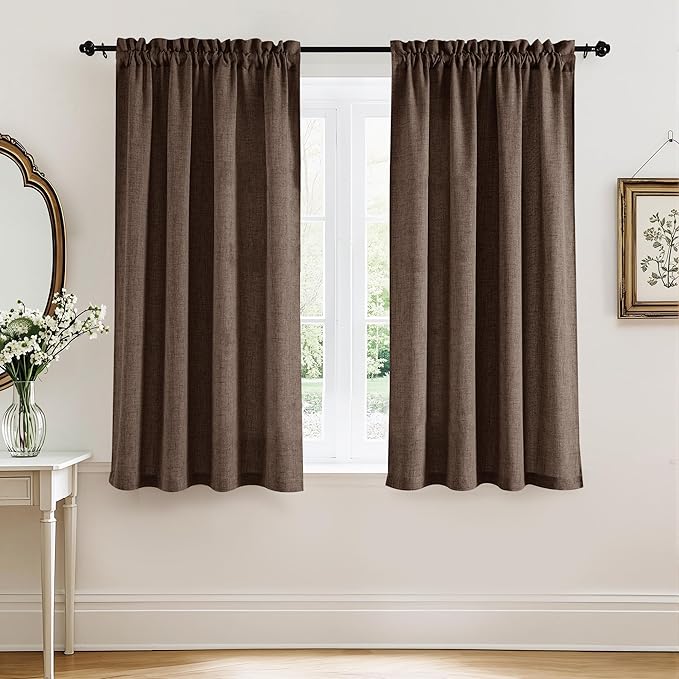 RYB HOME Natural Linen Sheer Curtains 72 inches Long for Kitchen/Bedroom | Weave Textured, Rod Pocket, Light Filtering, Brown, W52 x L72, 2 Panels Set