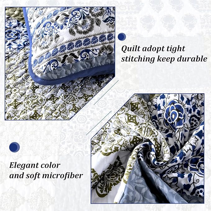 Mybedsoul Boho Quilt King Size, Patchwork Floral Bedding Set, Aqua Blue | Soft Lightweight Microfiber Reversible Coverlet Set, 3 Pieces Plaid Bedspread, Bed Sets for All Seasons 90"x110"