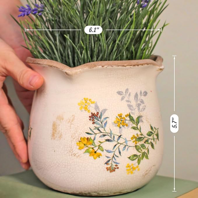 Xiaan Jiaju Ceramic Flower Vase, Rustic Farmhouse Vases & Planting Pots with Drainage, European Home Decor for Mantel Fireplace Bookshelf Wedding Centerpieces Gift, Yellow Blooms